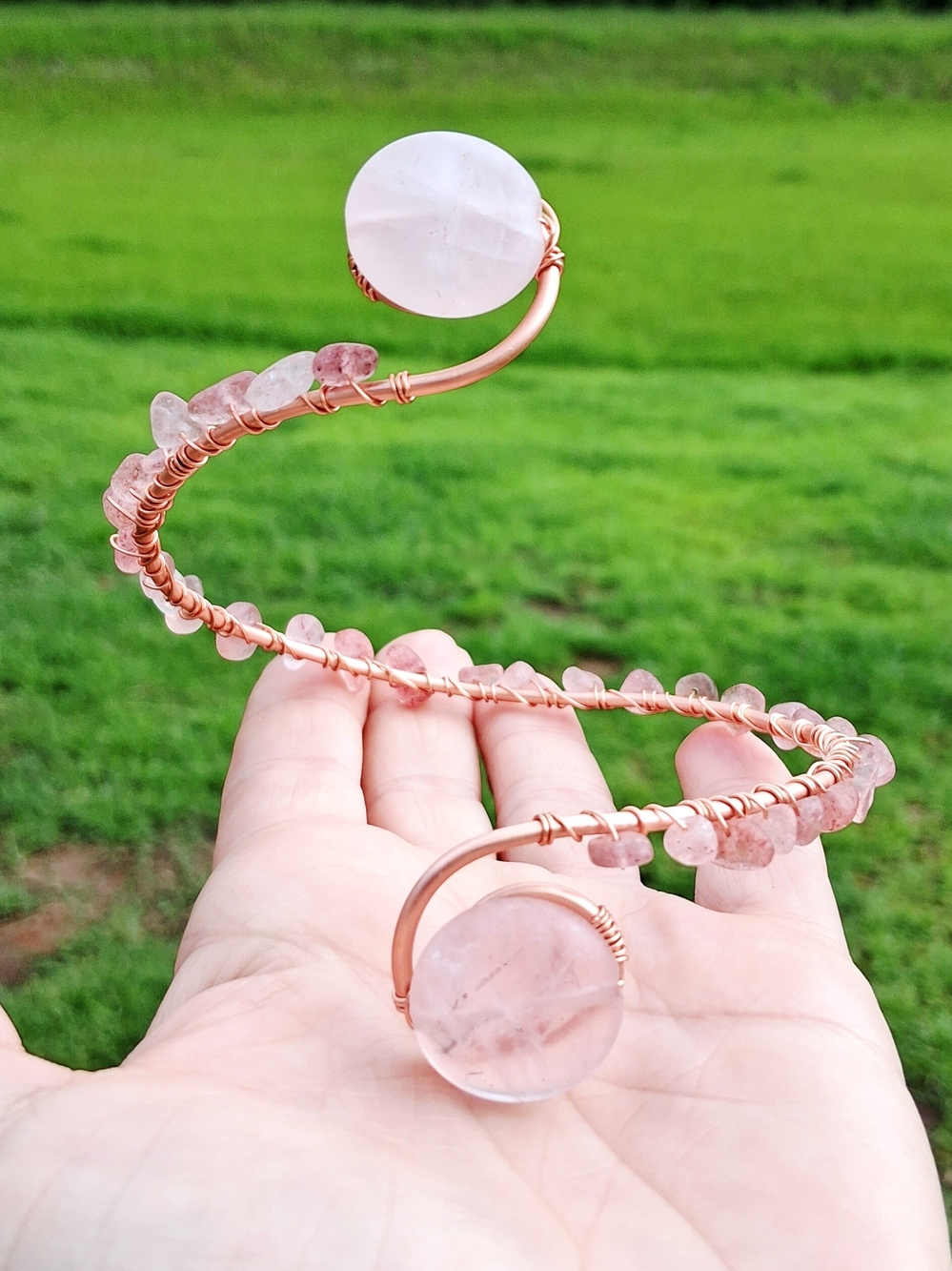 Copper Crystal Arm Cuff Rose Quartz Strawberry Quartz, One Size